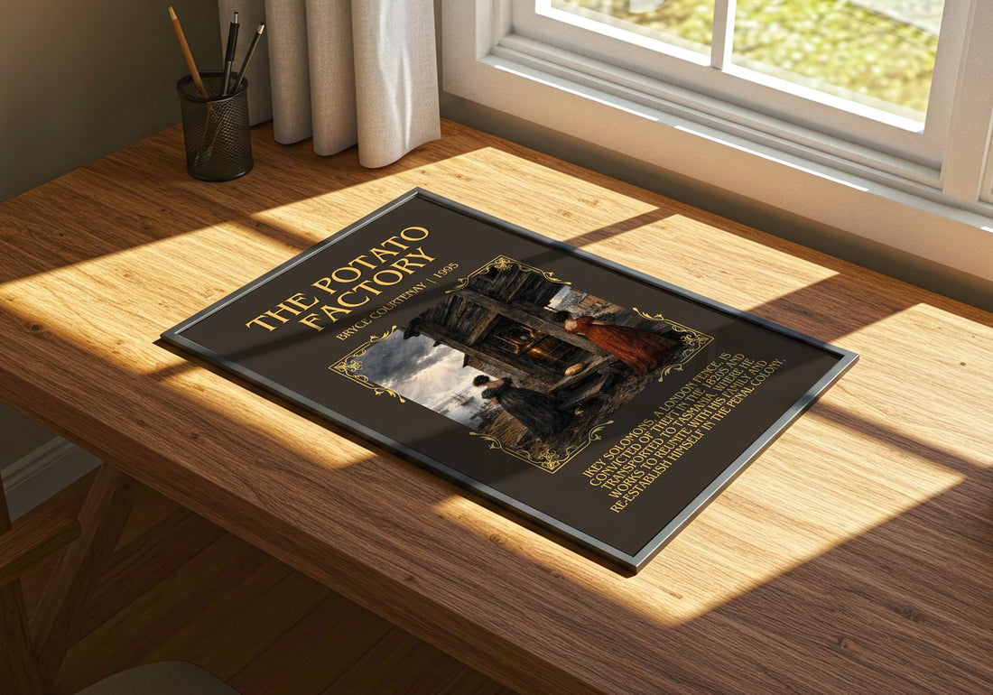 The Potato Factory Minimalist Book Poster by Bryce Courtenay – print on a sunlit desk