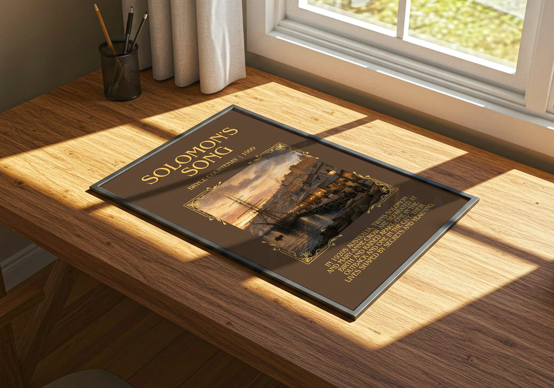 Solomon'S Song Minimalist Book Poster by Bryce Courtenay – print on a sunlit desk