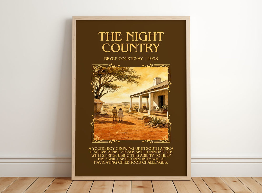 The Night Country Minimalist Book Poster by Bryce Courtenay – framed print leaning on a wooden floor