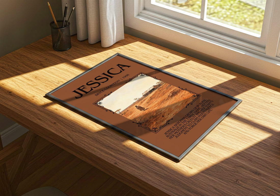 Jessica Minimalist Book Poster by Bryce Courtenay – print on a sunlit desk