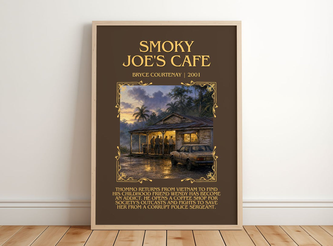 Smoky Joe'S Cafe Minimalist Book Poster by Bryce Courtenay – framed print leaning on a wooden floor