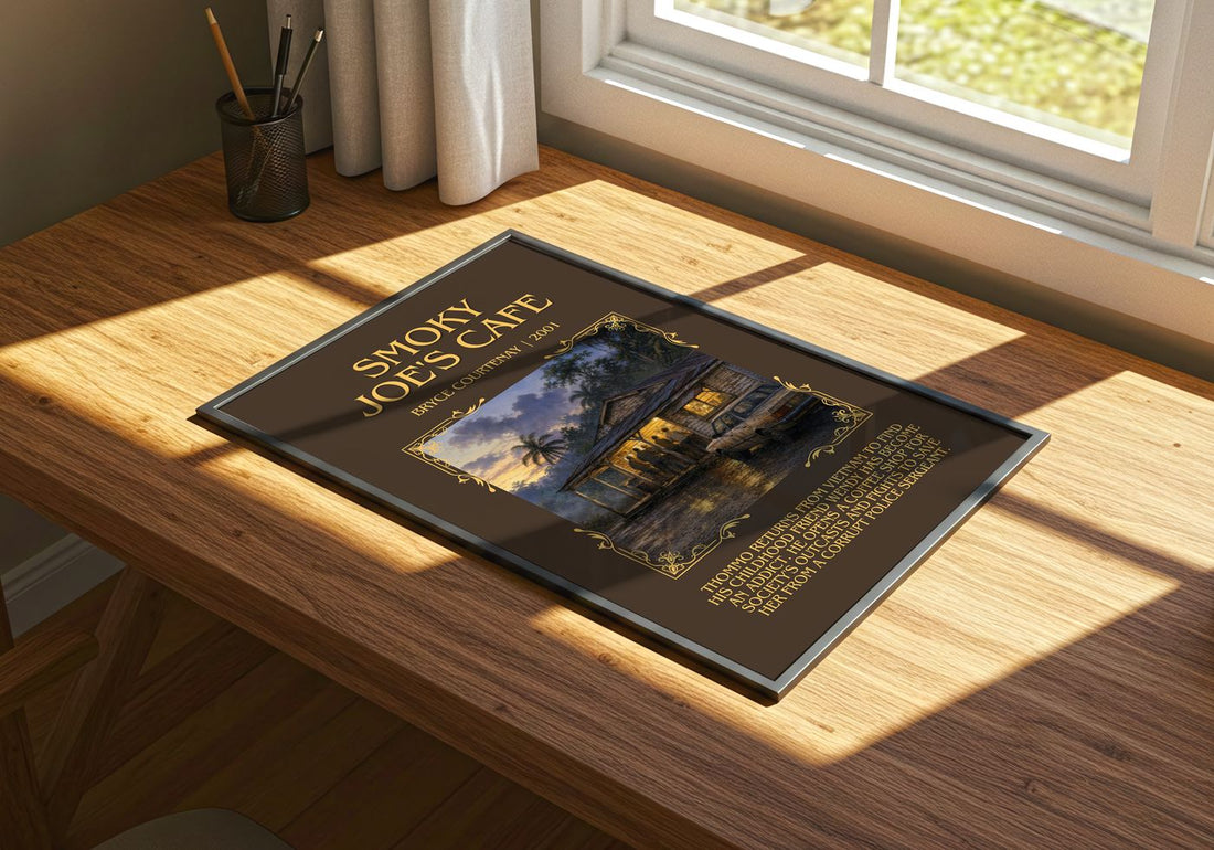 Smoky Joe'S Cafe Minimalist Book Poster by Bryce Courtenay – print on a sunlit desk