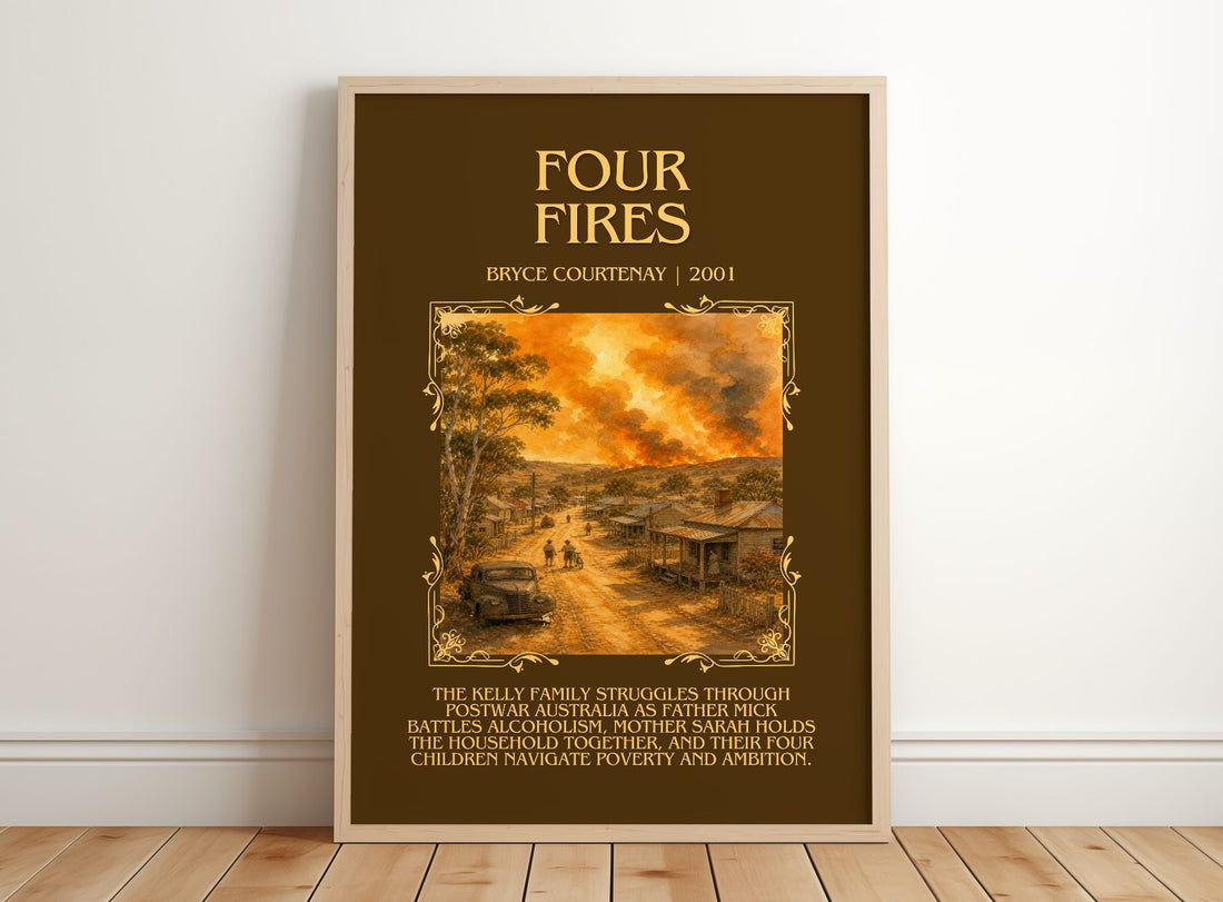 Four Fires Minimalist Book Poster by Bryce Courtenay – framed print leaning on a wooden floor