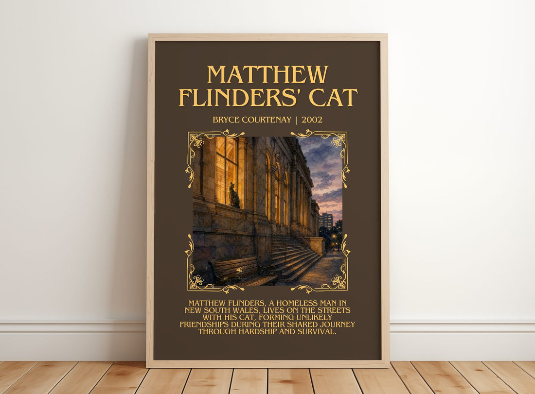 Matthew Flinders' Cat Minimalist Book Poster by Bryce Courtenay – framed print leaning on a wooden floor