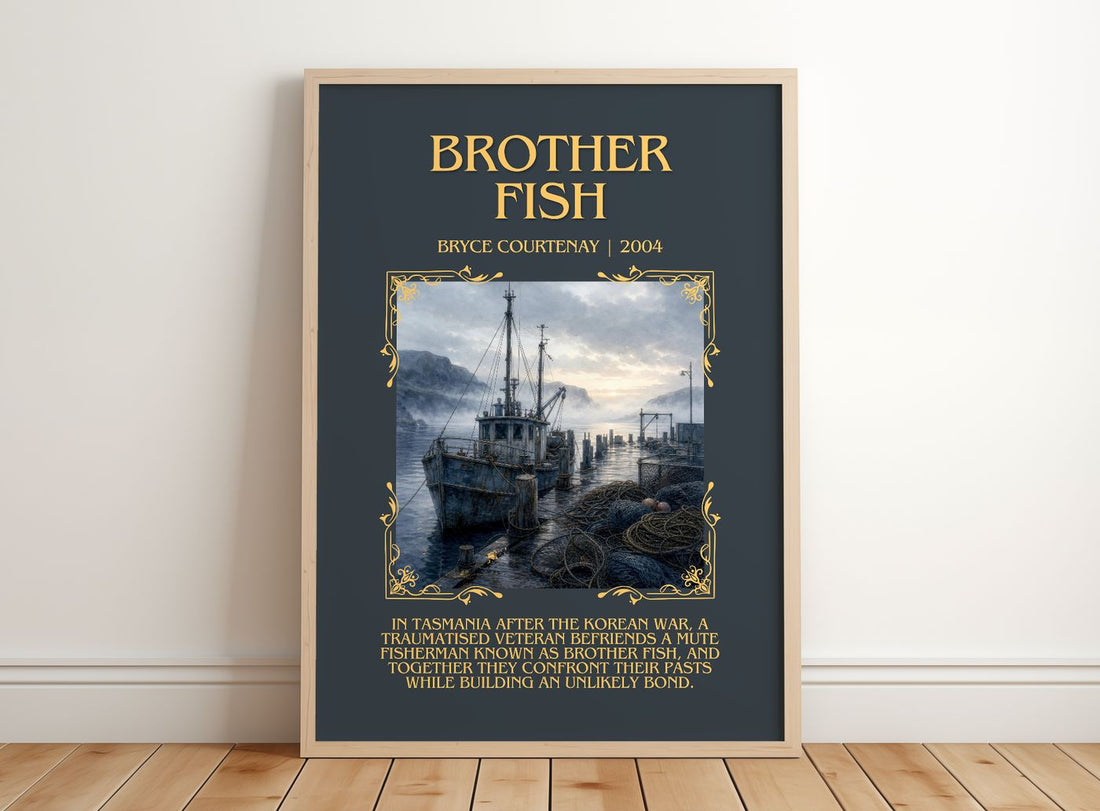 Brother Fish Minimalist Book Poster by Bryce Courtenay – framed print leaning on a wooden floor