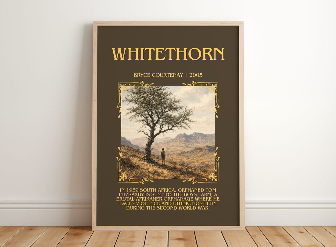 Whitethorn Minimalist Book Poster by Bryce Courtenay – framed print leaning on a wooden floor