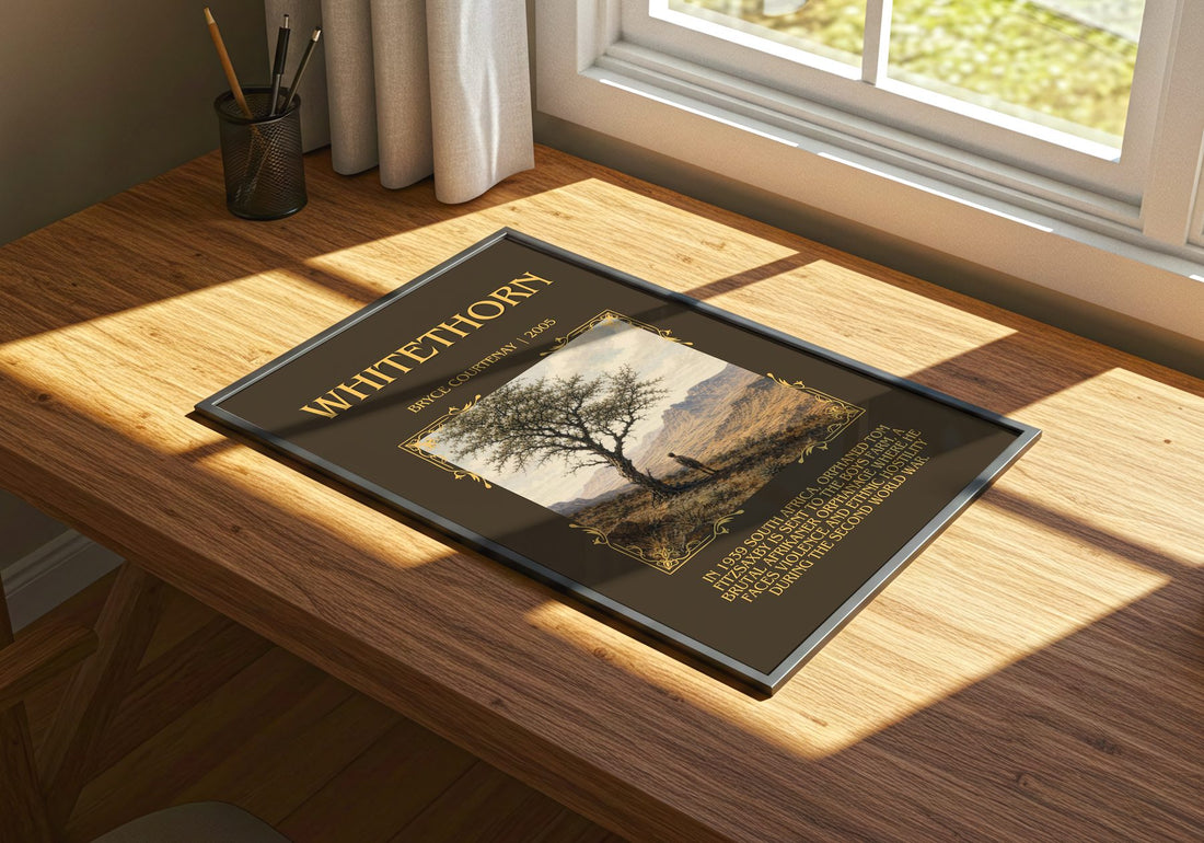 Whitethorn Minimalist Book Poster by Bryce Courtenay – print on a sunlit desk