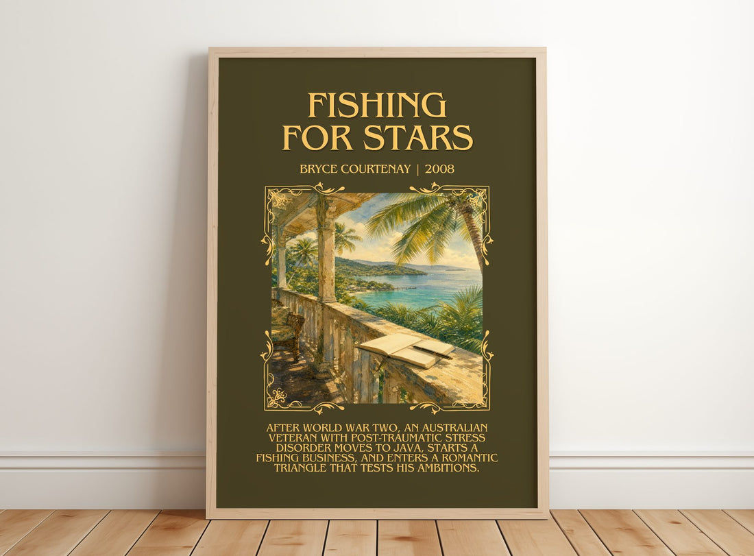 Fishing For Stars Minimalist Book Poster by Bryce Courtenay – framed print leaning on a wooden floor