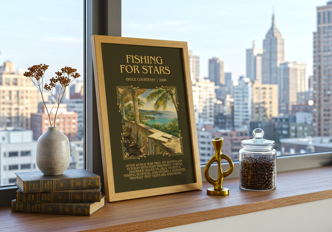 Fishing For Stars Minimalist Book Poster by Bryce Courtenay – framed print on a city-view windowsill