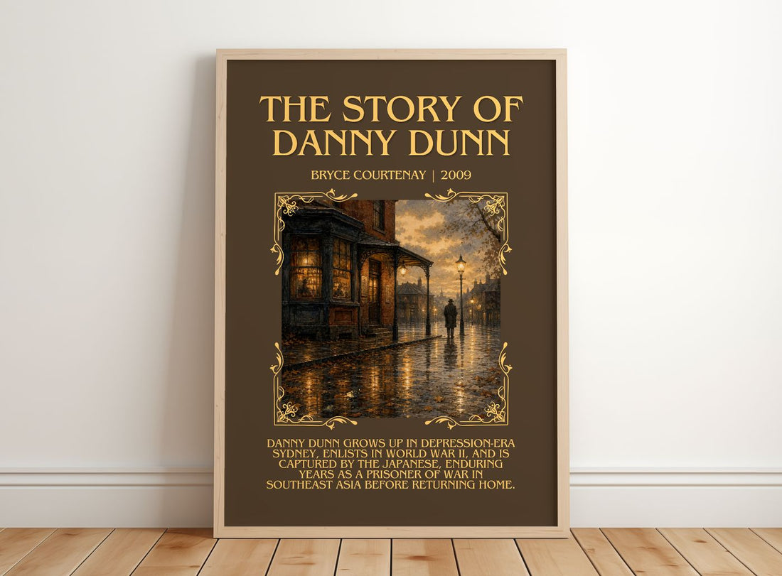 The Story Of Danny Dunn Minimalist Book Poster by Bryce Courtenay – framed print leaning on a wooden floor