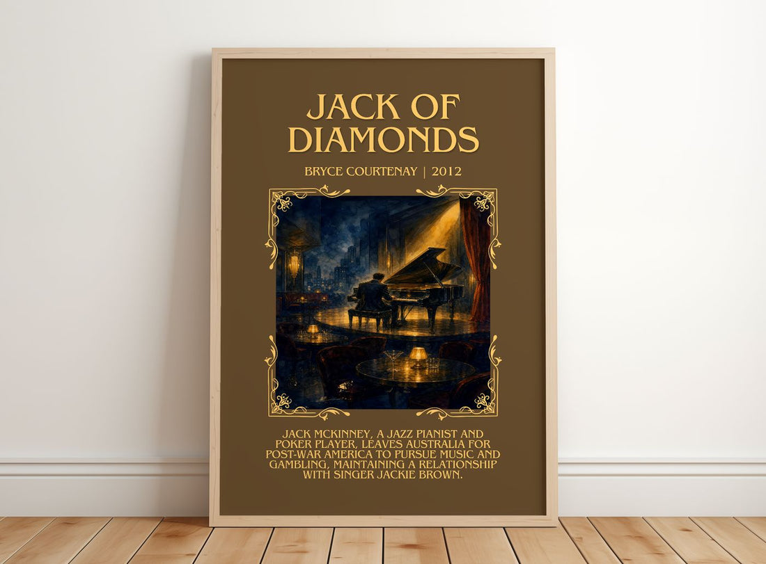 Jack Of Diamonds Minimalist Book Poster by Bryce Courtenay – framed print leaning on a wooden floor