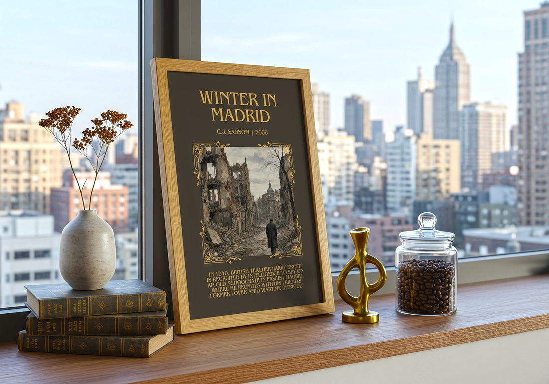Winter In Madrid Minimalist Book Poster by C.J. Sansom – framed print on a city-view windowsill