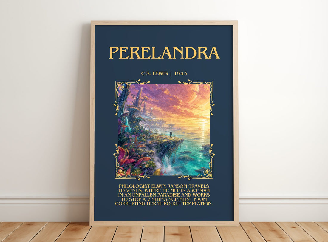 Perelandra Minimalist Book Poster by C.S. Lewis – framed print leaning on a wooden floor