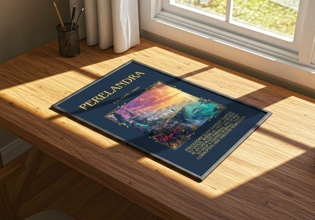 Perelandra Minimalist Book Poster by C.S. Lewis – print on a sunlit desk