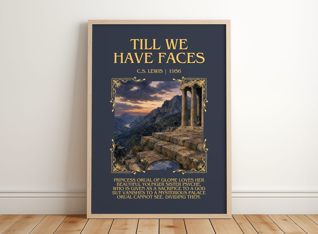 Till We Have Faces Minimalist Book Poster by C.S. Lewis – framed print leaning on a wooden floor