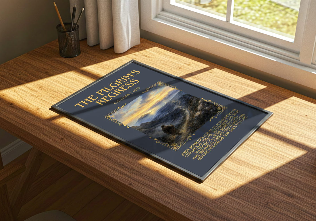 The Pilgrim'S Regress Minimalist Book Poster by C.S. Lewis – print on a sunlit desk