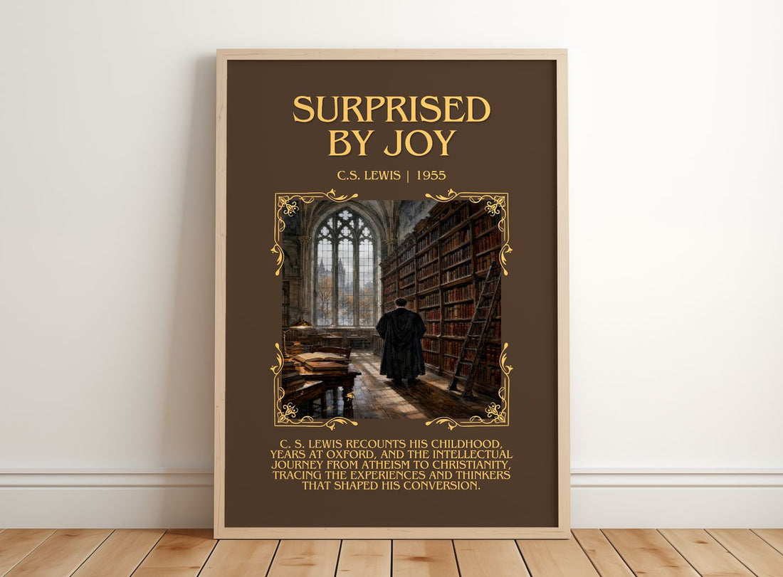 Surprised By Joy Minimalist Book Poster by C.S. Lewis – framed print leaning on a wooden floor