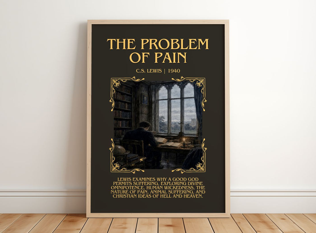 The Problem Of Pain Minimalist Book Poster by C.S. Lewis – framed print leaning on a wooden floor