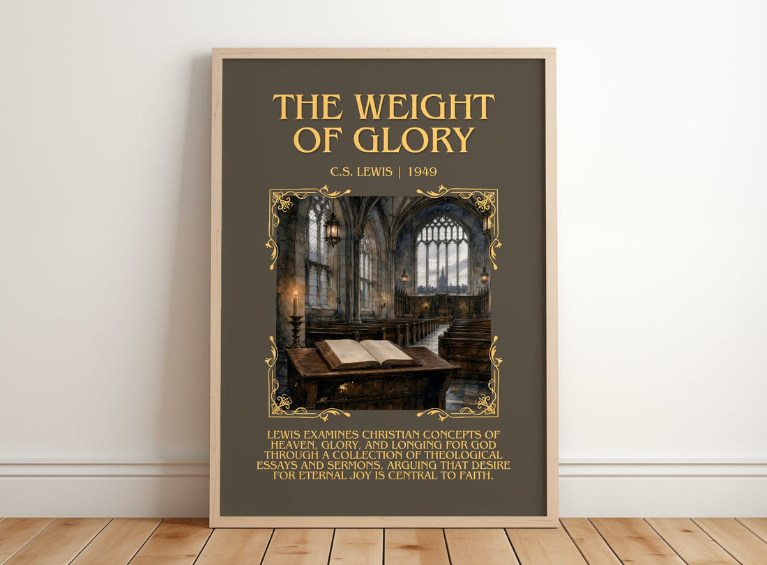 The Weight Of Glory Minimalist Book Poster by C.S. Lewis – framed print leaning on a wooden floor