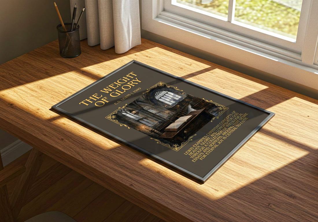 The Weight Of Glory Minimalist Book Poster by C.S. Lewis – print on a sunlit desk