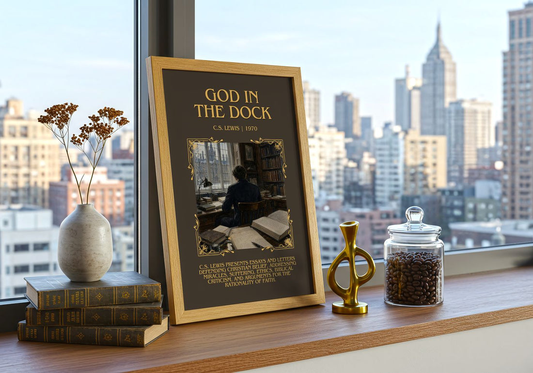 God In The Dock Minimalist Book Poster by C.S. Lewis – framed print on a city-view windowsill