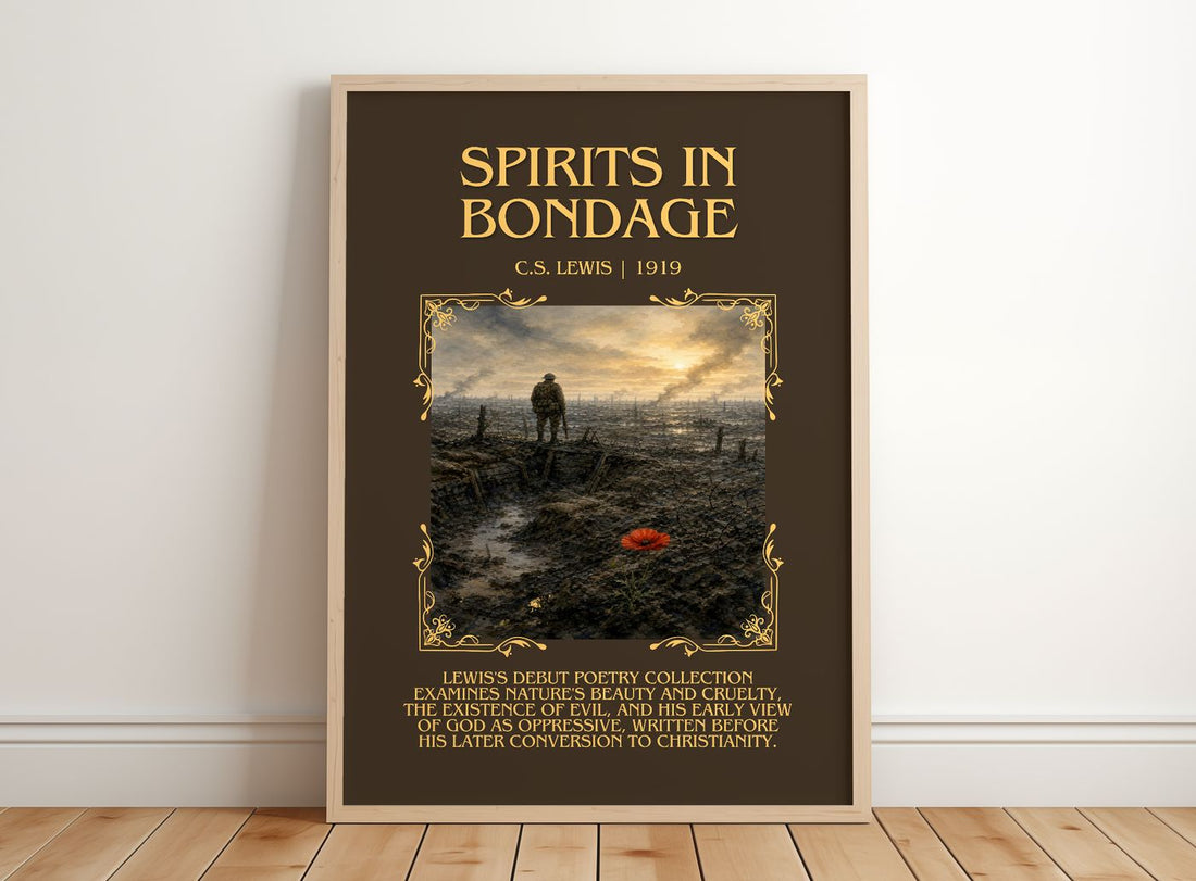 Spirits In Bondage Minimalist Book Poster by C.S. Lewis – framed print leaning on a wooden floor