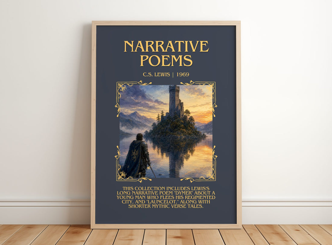 Narrative Poems Minimalist Book Poster by C.S. Lewis – framed print leaning on a wooden floor