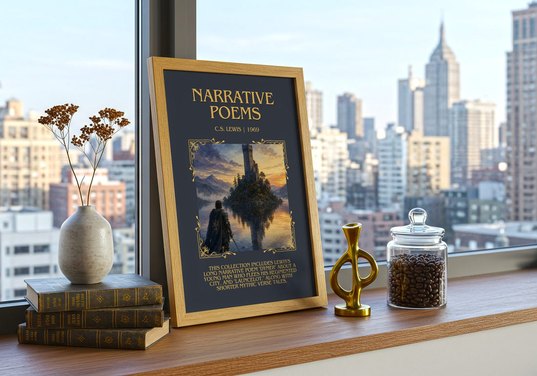 Narrative Poems Minimalist Book Poster by C.S. Lewis – framed print on a city-view windowsill