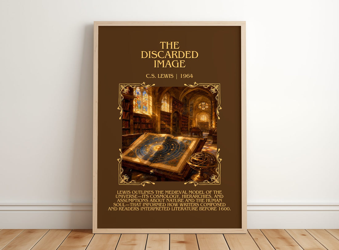 The Discarded Image Minimalist Book Poster by C.S. Lewis – framed print leaning on a wooden floor