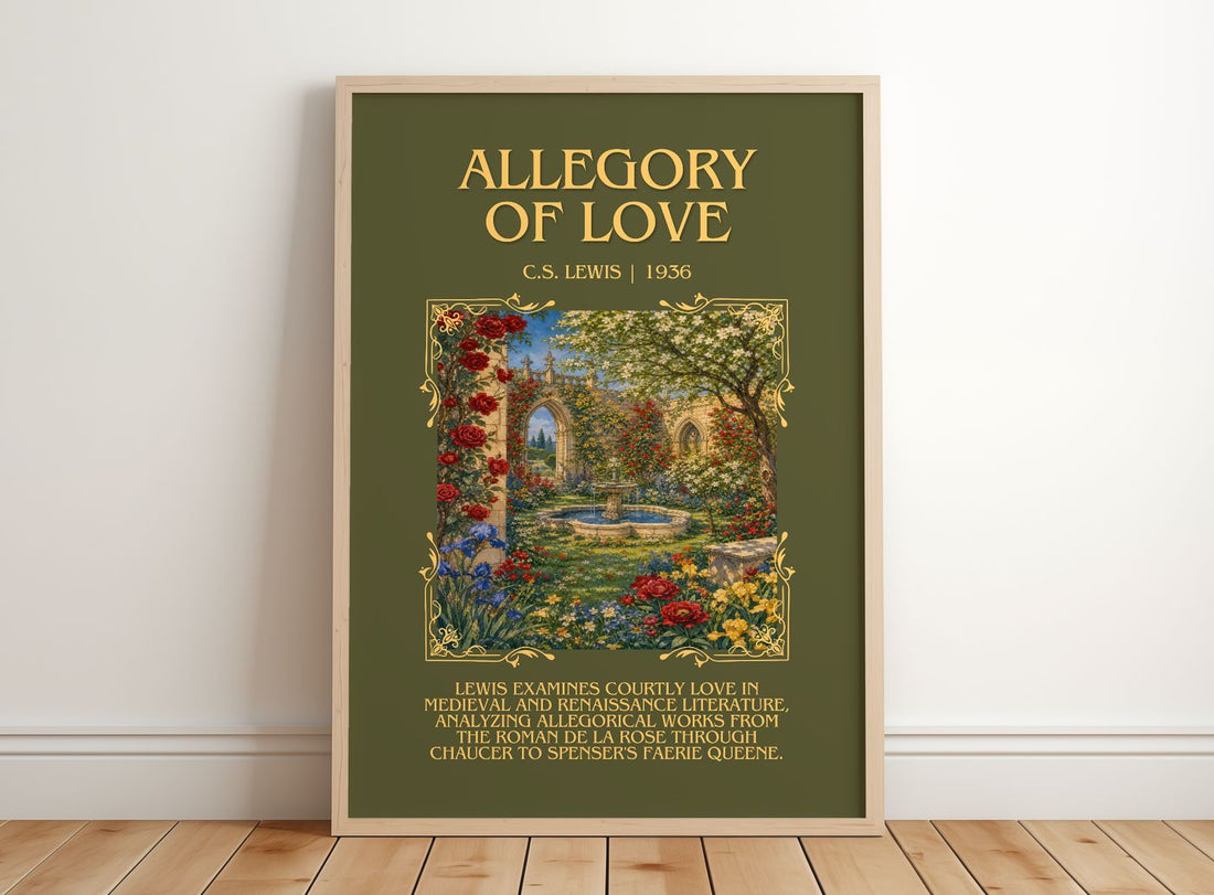Allegory Of Love Minimalist Book Poster by C.S. Lewis – framed print leaning on a wooden floor