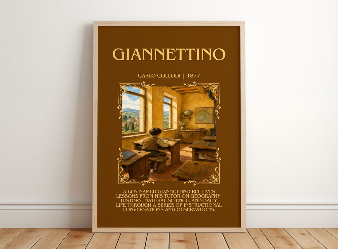 Giannettino Minimalist Book Poster by Carlo Collodi – framed print leaning on a wooden floor