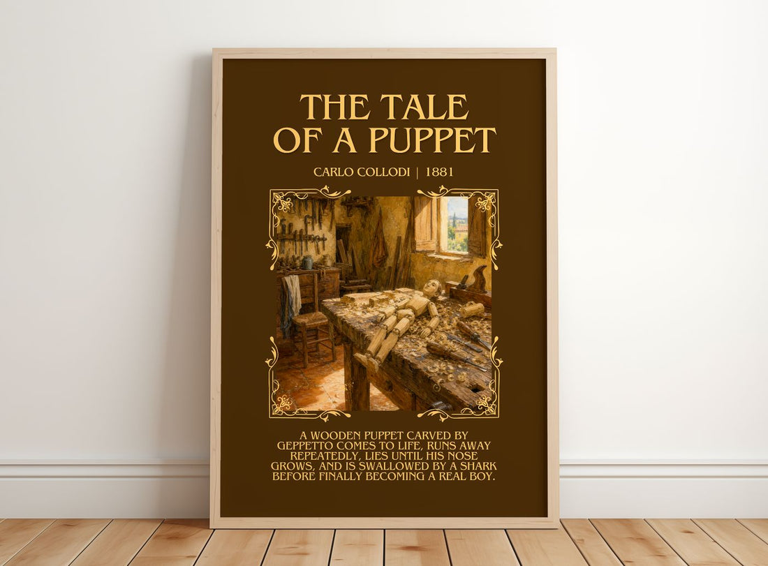 The Tale Of A Puppet Minimalist Book Poster by Carlo Collodi – framed print leaning on a wooden floor