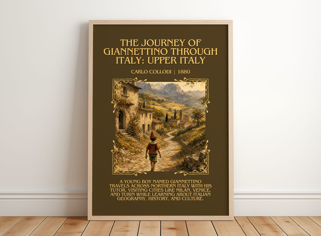 Journey Of Giannettino Through Italy: Upper Italy Minimalist Book – framed print leaning on a wooden floor