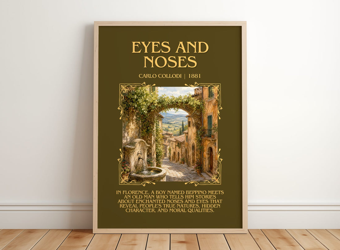 Eyes And Noses Minimalist Book Poster by Carlo Collodi – framed print leaning on a wooden floor
