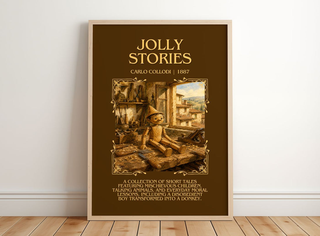 Jolly Stories Minimalist Book Poster by Carlo Collodi – framed print leaning on a wooden floor