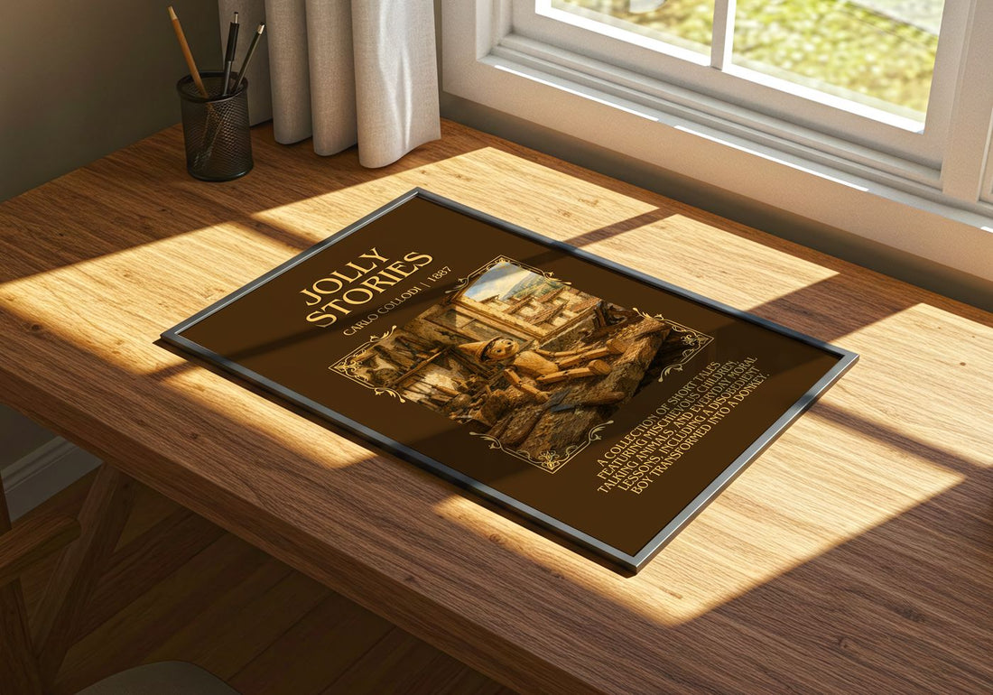 Jolly Stories Minimalist Book Poster by Carlo Collodi – print on a sunlit desk