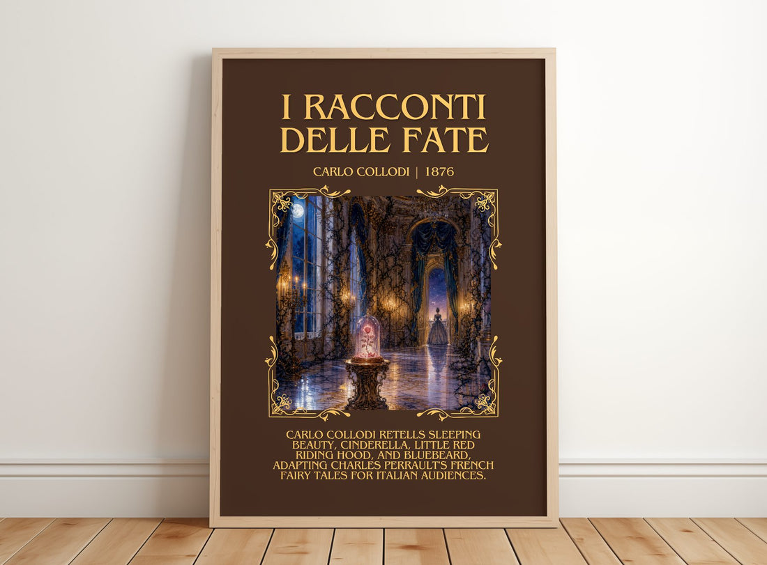 I Racconti Delle Fate Minimalist Book Poster by Carlo Collodi – framed print leaning on a wooden floor