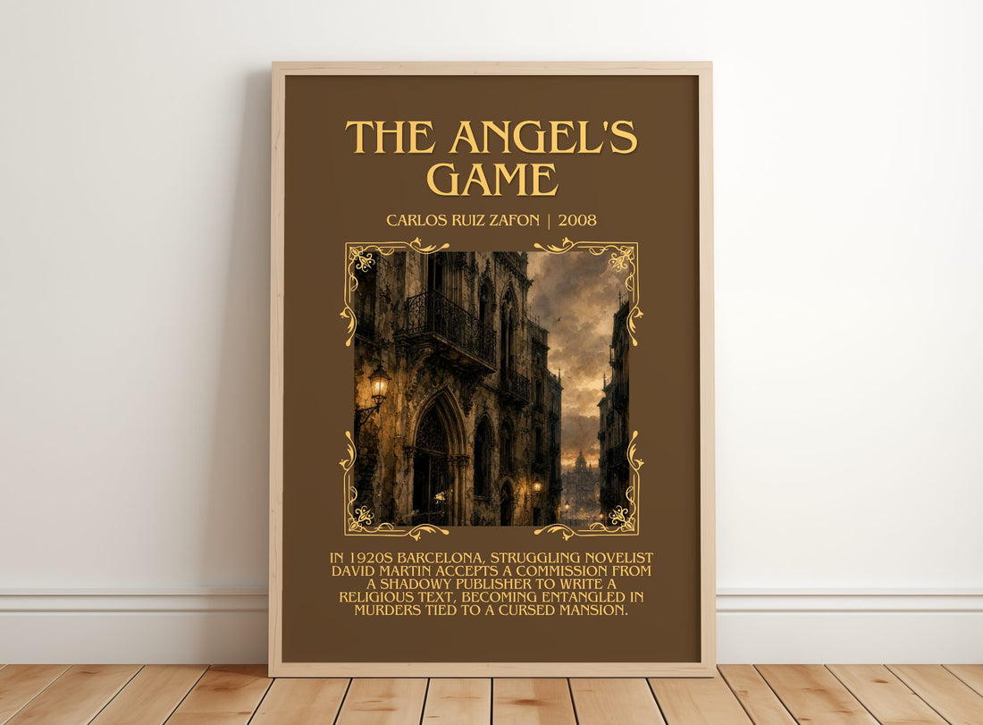 The Angel'S Game Minimalist Book Poster by Carlos Ruiz Zafón – framed print leaning on a wooden floor