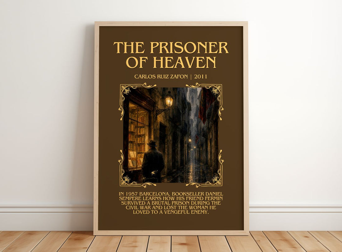 The Prisoner Of Heaven Minimalist Book Poster by Carlos Ruiz Zafón – framed print leaning on a wooden floor
