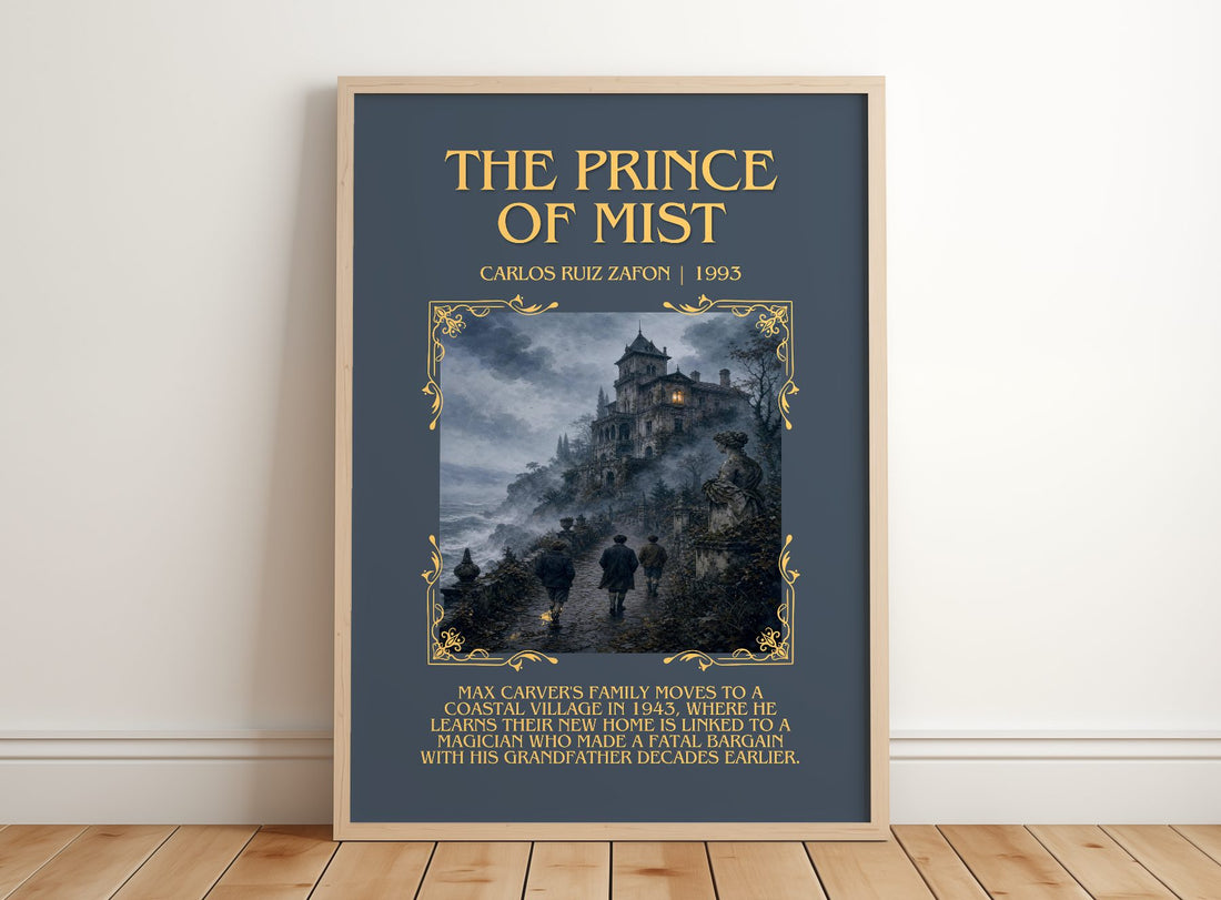 The Prince Of Mist Minimalist Book Poster by Carlos Ruiz Zafón – framed print leaning on a wooden floor