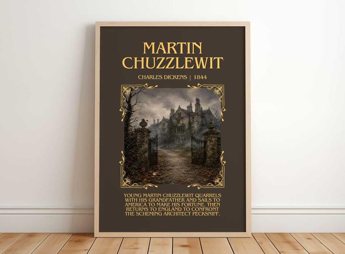 Martin Chuzzlewit Minimalist Book Poster by Charles Dickens – framed print leaning on a wooden floor