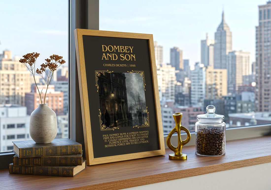 Dombey And Son Minimalist Book Poster by Charles Dickens – framed print on a city-view windowsill