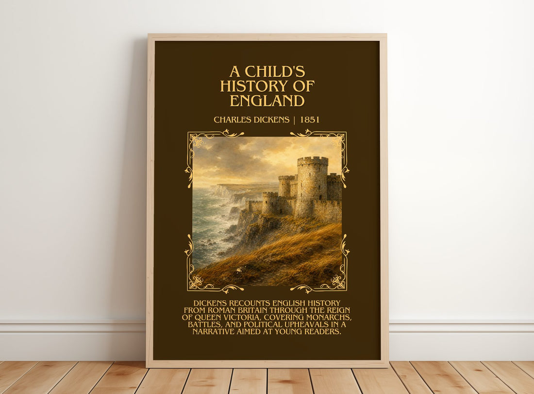 A Child'S History Of England Minimalist Book Poster by Charles Dickens – framed print leaning on a wooden floor