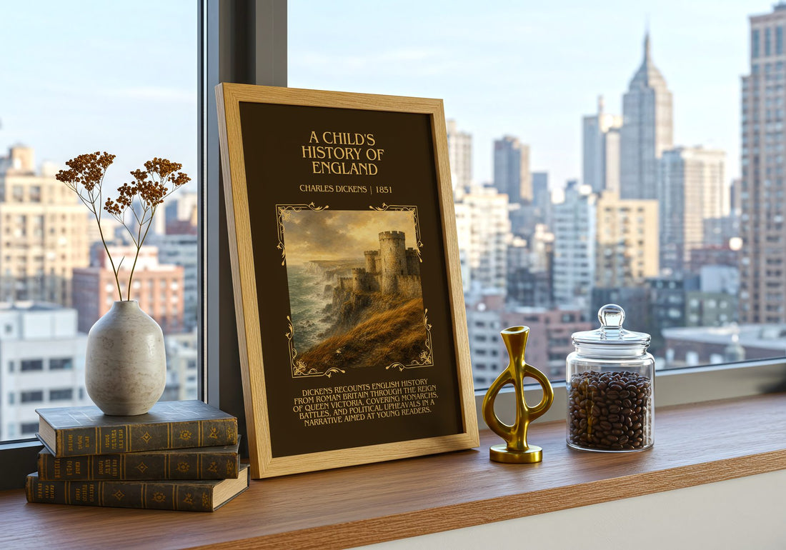 A Child'S History Of England Minimalist Book Poster by Charles Dickens – framed print on a city-view windowsill