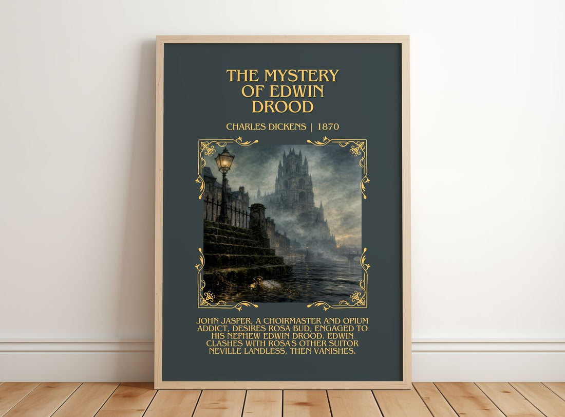 The Mystery Of Edwin Drood Minimalist Book Poster by Charles Dickens – framed print leaning on a wooden floor