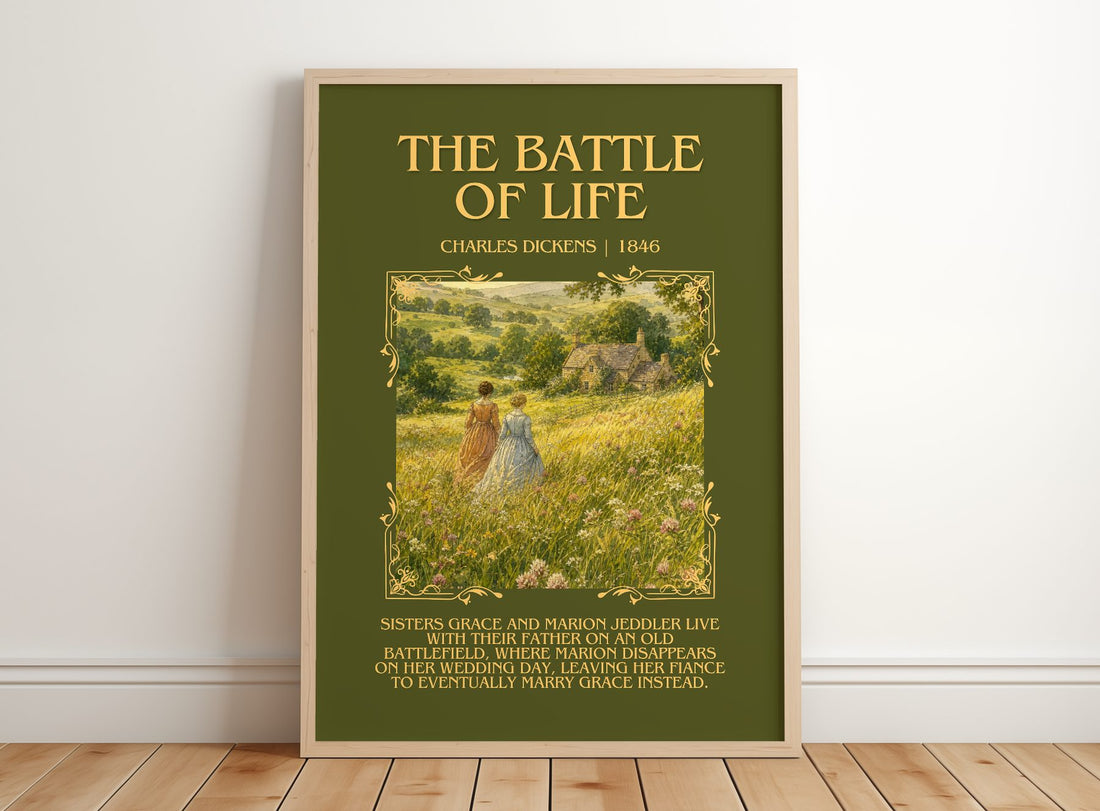 The Battle Of Life Minimalist Book Poster by Charles Dickens – framed print leaning on a wooden floor