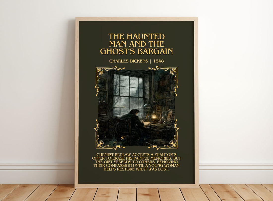 Haunted Man And The Ghost'S Bargain Minimalist Book Poster – framed print leaning on a wooden floor