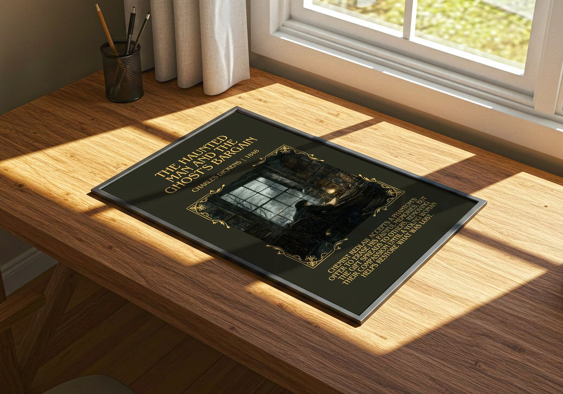 Haunted Man And The Ghost'S Bargain Minimalist Book Poster – print on a sunlit desk