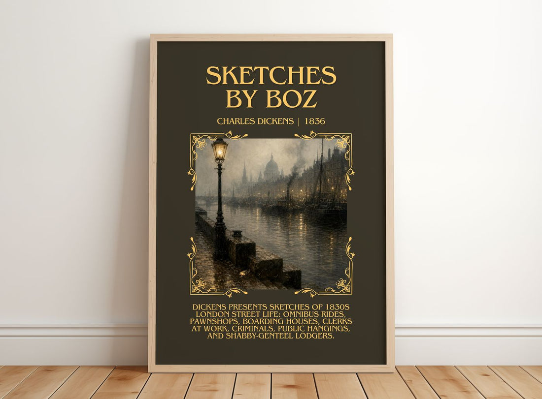 Sketches By Boz Minimalist Book Poster by Charles Dickens – framed print leaning on a wooden floor