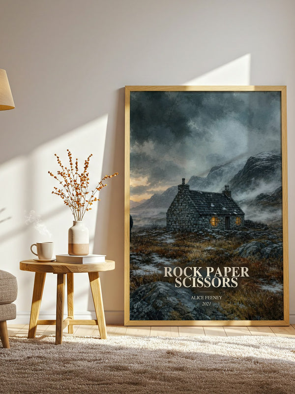 Rock Paper Scissors watercolour print in frame leaning in hallway – thriller wall art
